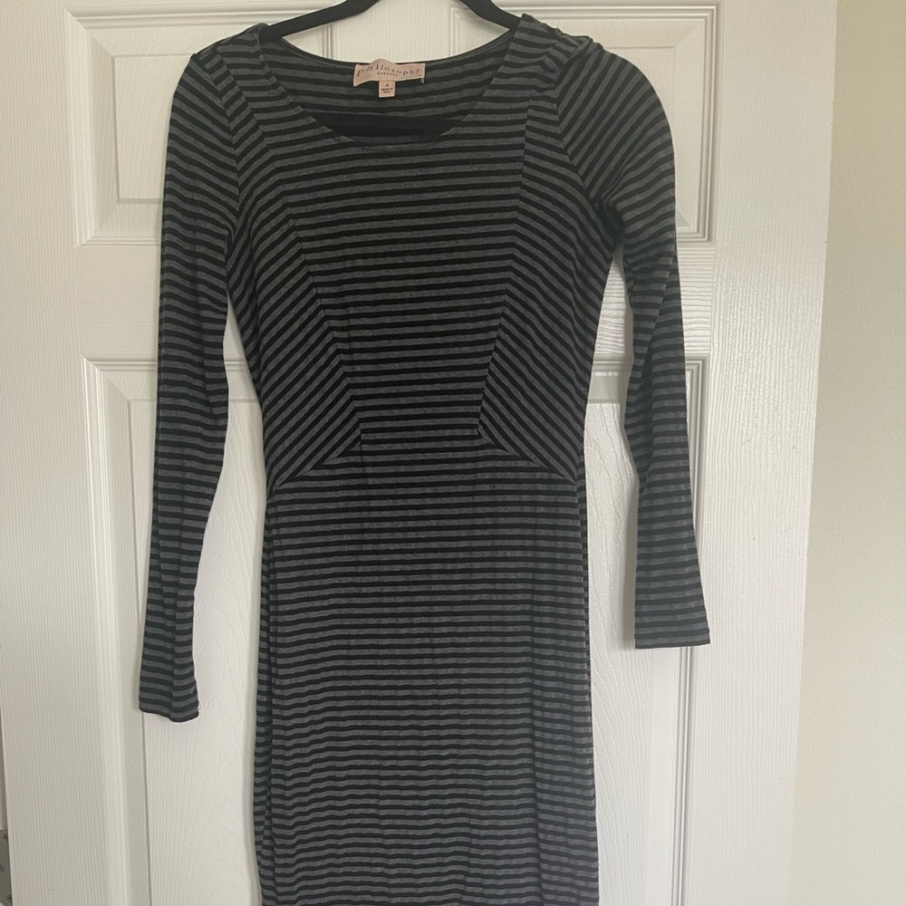 Philosophy Striped Dress 3/4 Sleeve - grey and black size small